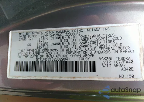 2002 Toyota Tundra Base (A4) из США, поврежденный, VIN 5TBJN32132S320841